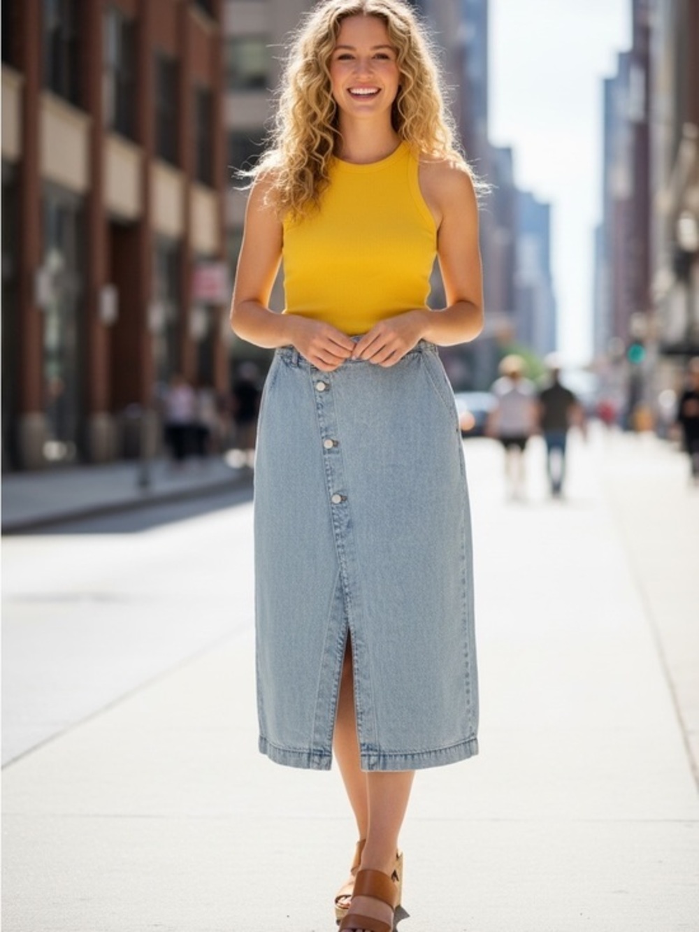 Madewell Light Blue Denim Midi Skirt with Front Button Slit